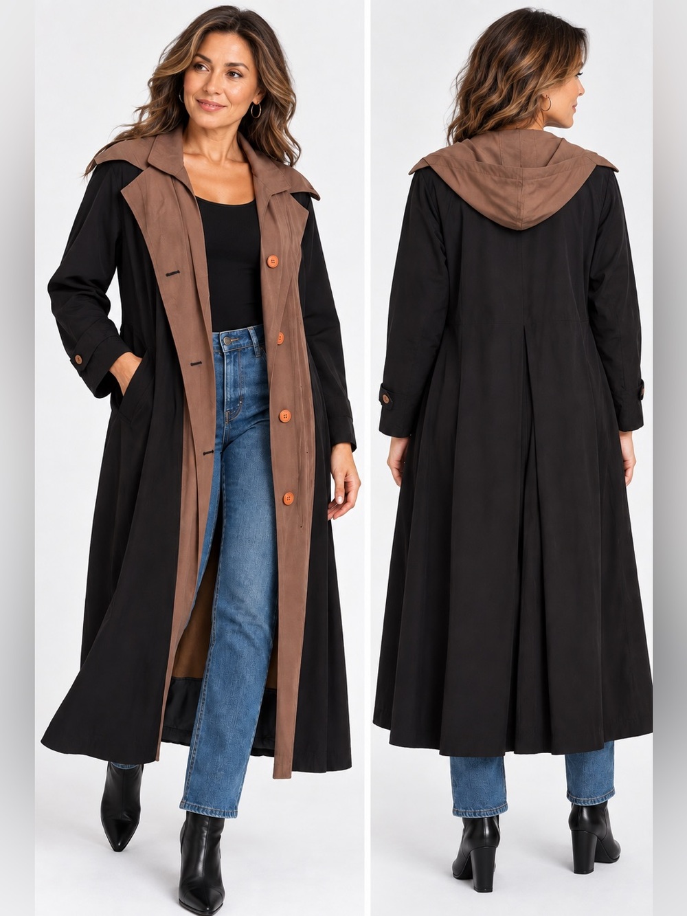 Gallery Two-Tone Black and Brown Hooded Trench Coat